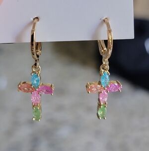 18k Gold Plated Galaxy Multicolor Cross Drop Earrings